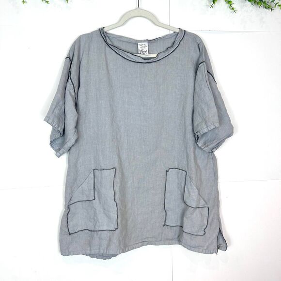 Match Point Blouse Womens Small Gray Oversized Boho Linen Pullover Tunic Top - Picture 1 of 11